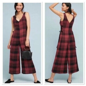 Anthropologie Ett:twa Red & Black Checked Plaid Wide Leg Crop Jumpsuit 0